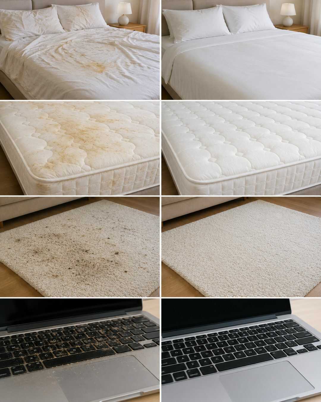 Draps, matelas, tapis, ordinateur…