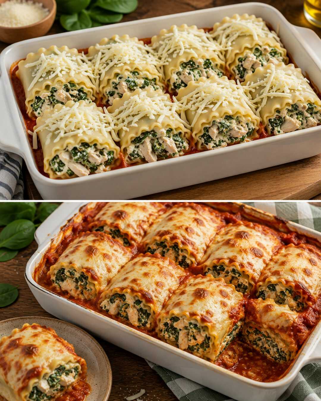 Lasagnes roulées au poulet, épinards et ricotta