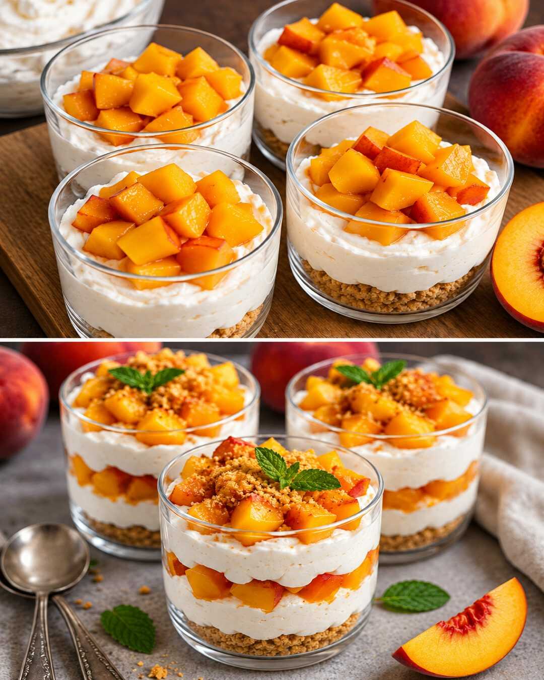 Délicat dessert au fromage blanc et aux pêches en verrine, sans cuisson
