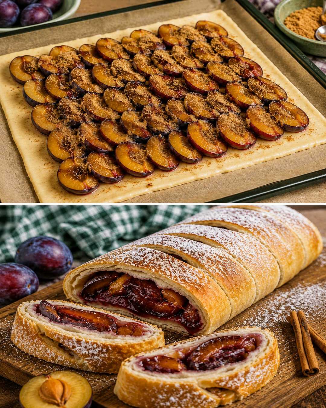 Délicat strudel aux prunes parfumé à la cannelle, avec le bon goût des recettes de grand-mère.