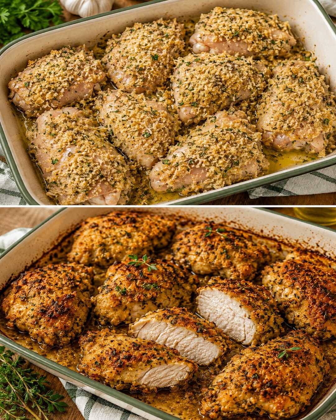 Morceaux de poulet rôtis en croûte croustillante aux herbes, sans friture