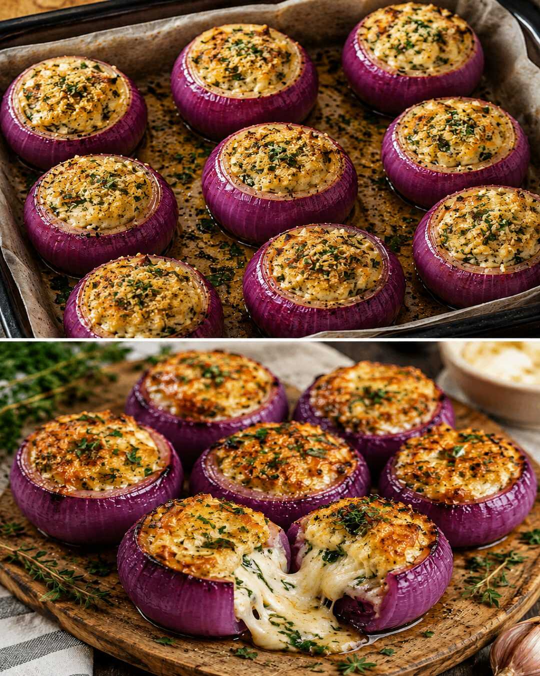 Oignons croustillants rôtis au four, farcis au fromage et aux herbes