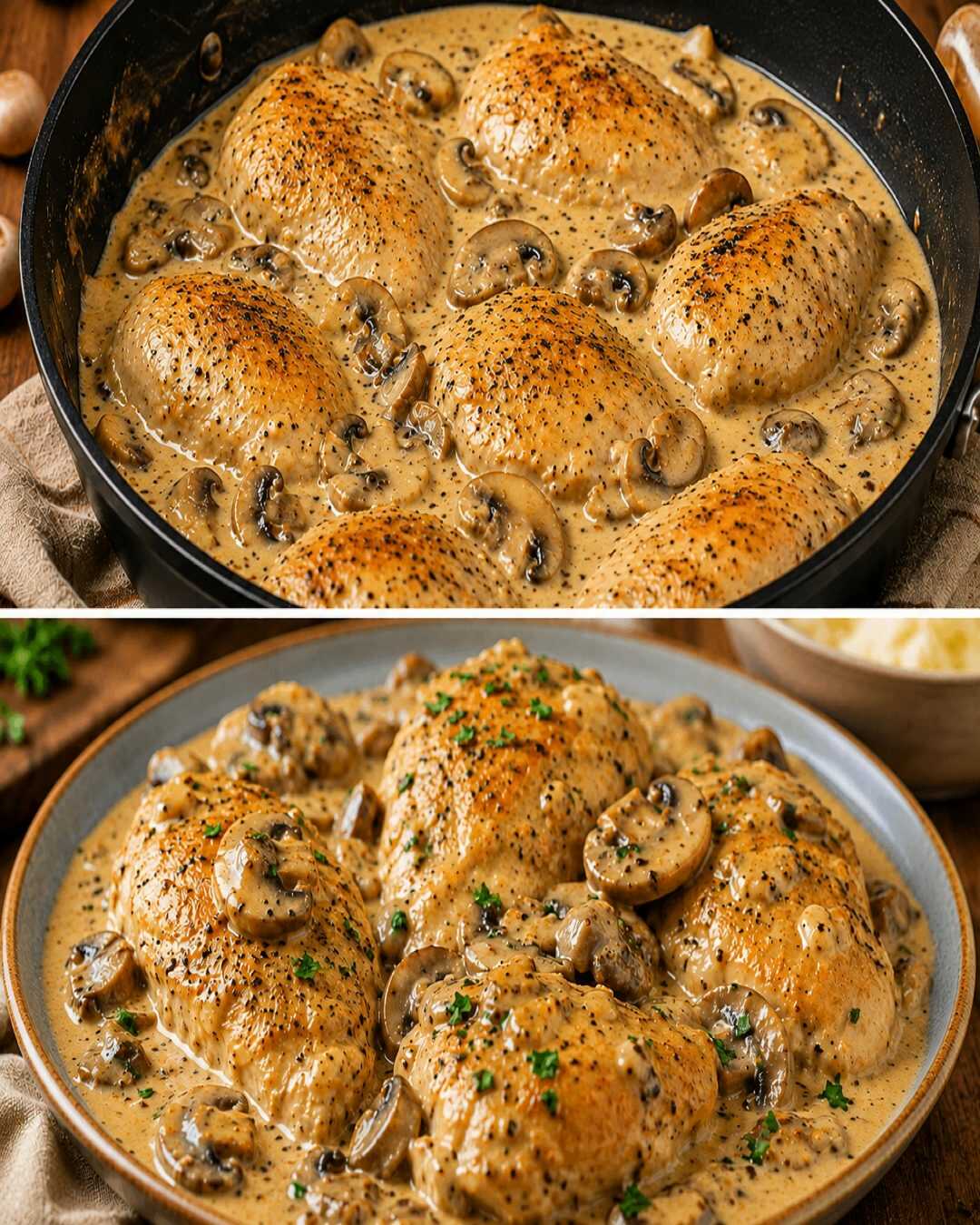 Poulet tendre et juteux aux champignons, dans une délicate sauce à la moutarde
