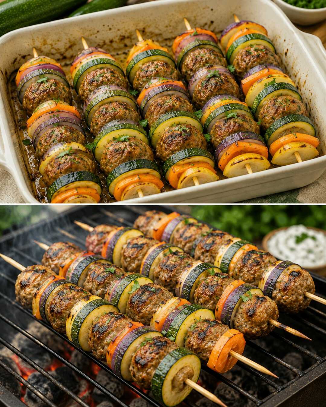 Brochettes de courgettes à la viande hachée : une recette savoureuse et juteuse, à cuire au four ou au barbecue.