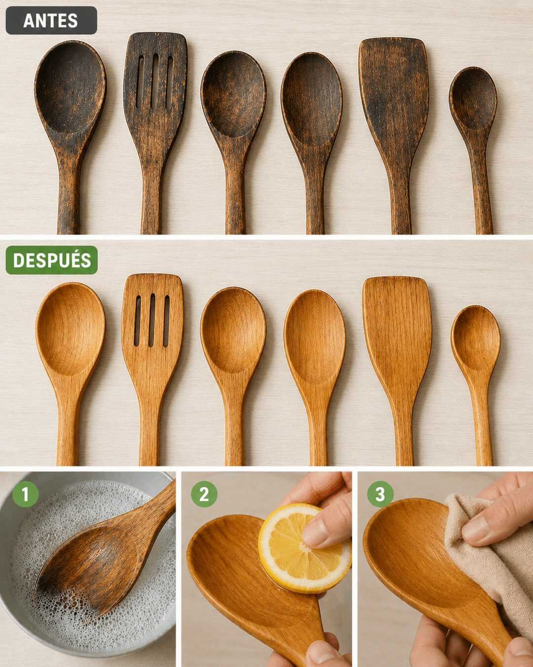 🥄✨ **Cette astuce redonne tout leur éclat aux cuillères et ustensiles en bois noircis par des années d’utilisation !**