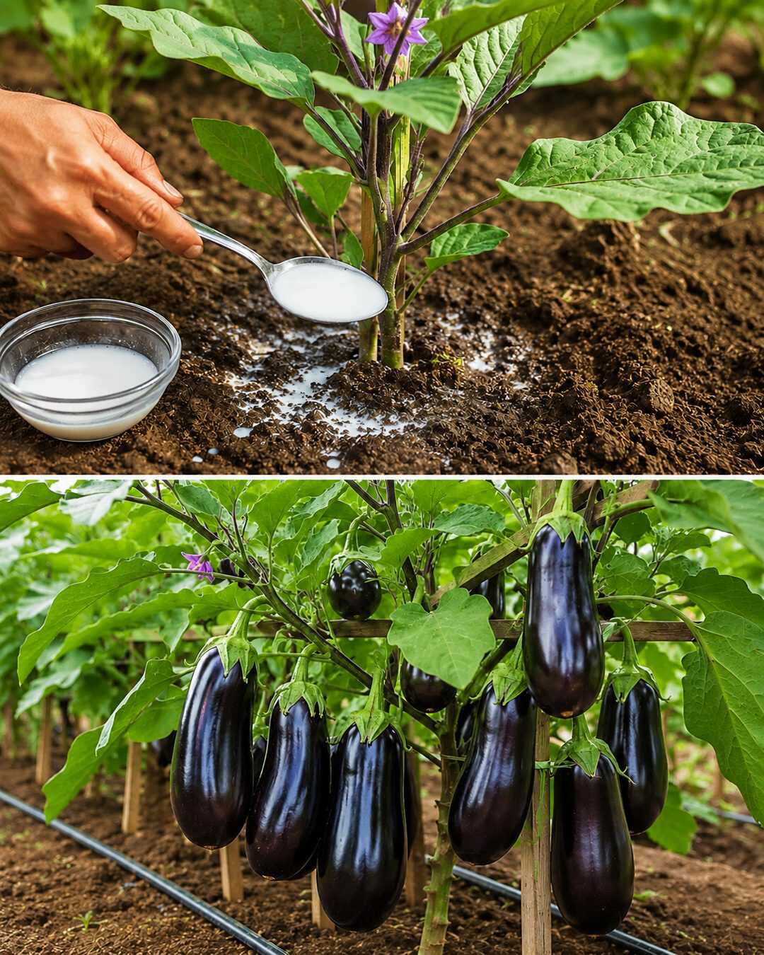 🍆🌱 **L’astuce simple pour obtenir des plants d’aubergines plus robustes et une récolte généreuse de beaux fruits !**