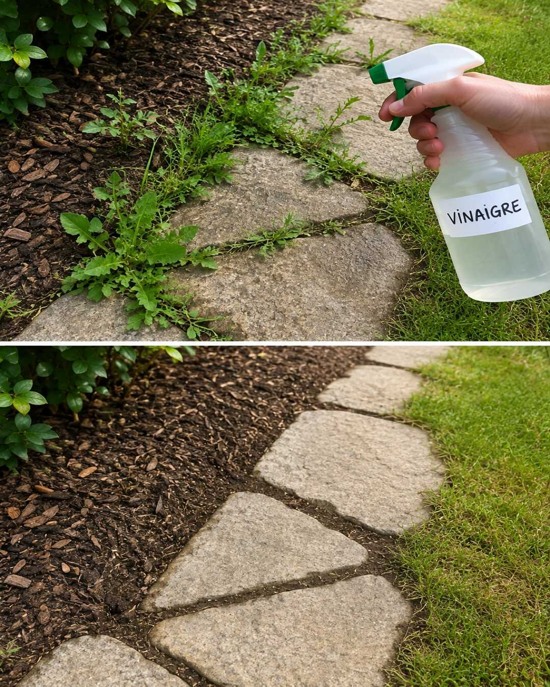 Elle verse du vinaigre sur les mauvaises herbes… mais attention, seulement à cet endroit !