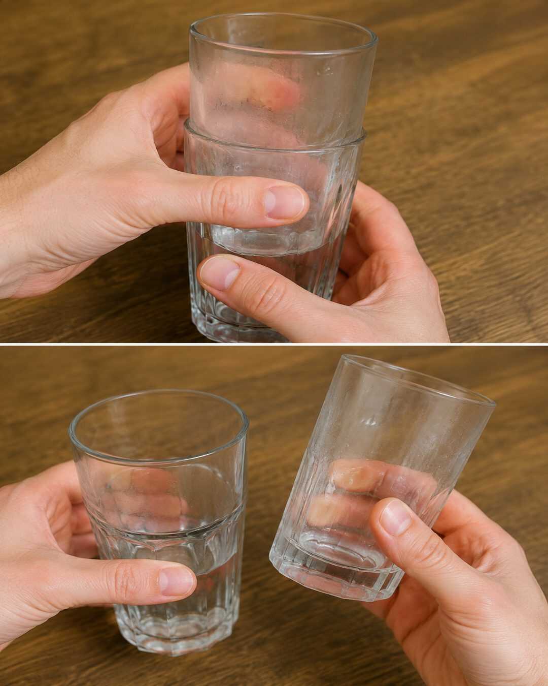 Deux verres complètement coincés ? Cette astuce toute simple peut vous éviter de les casser