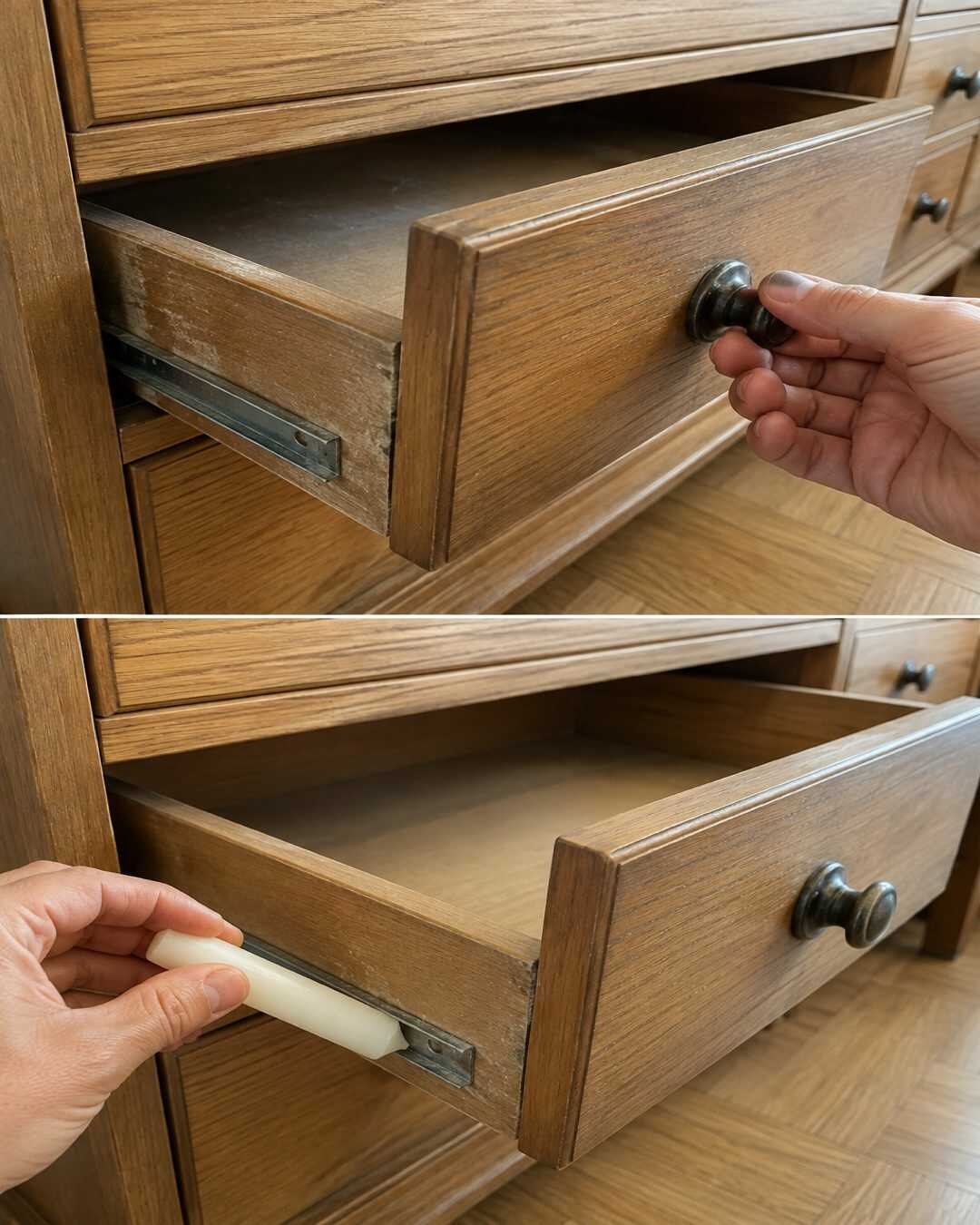 Ton tiroir grince ou se bloque ? L’astuce de grand-mère avec une simple bougie qui change tout ! 🕯️✨**
