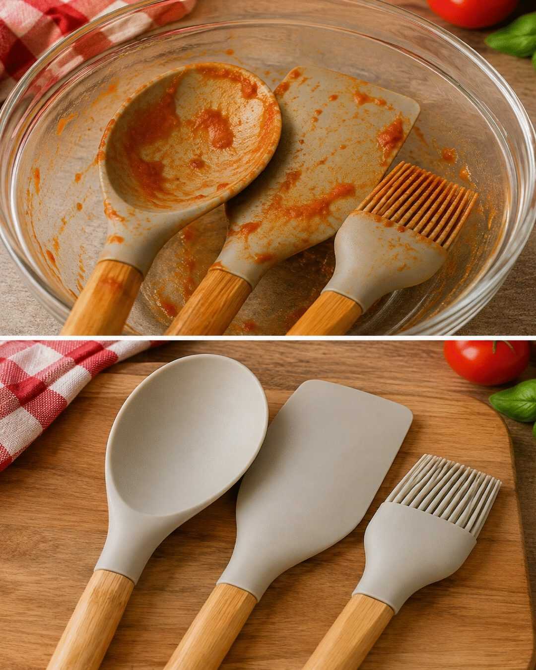 **L’astuce redoutable pour éliminer les taches de sauce tomate sur vos ustensiles en silicone sans les abîmer**