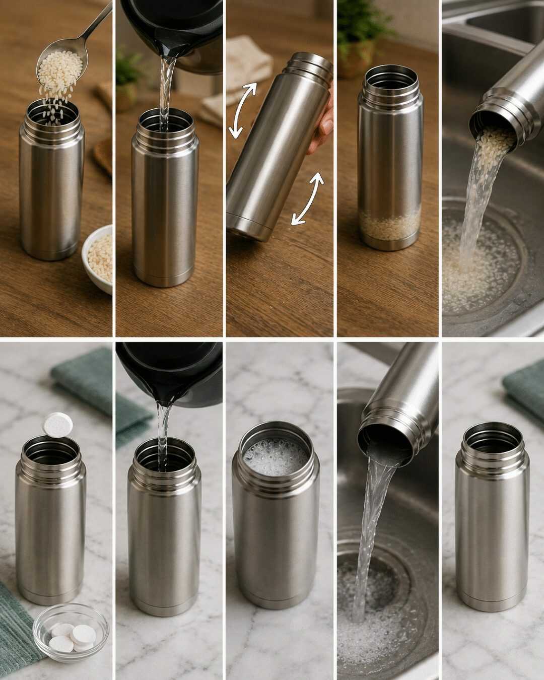 L’astuce ingénieuse pour nettoyer facilement l’intérieur d’un thermos à col étroit sans brosse spéciale**