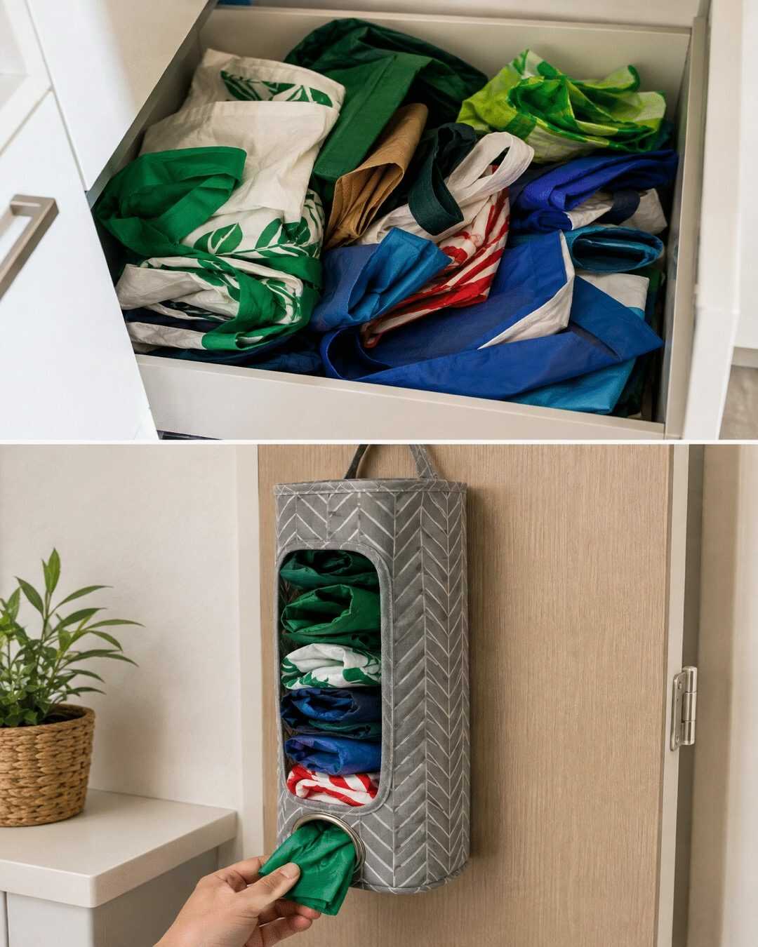 **L’astuce géniale pour ranger vos sacs réutilisables et les avoir toujours sous la main quand vous en avez besoin**
