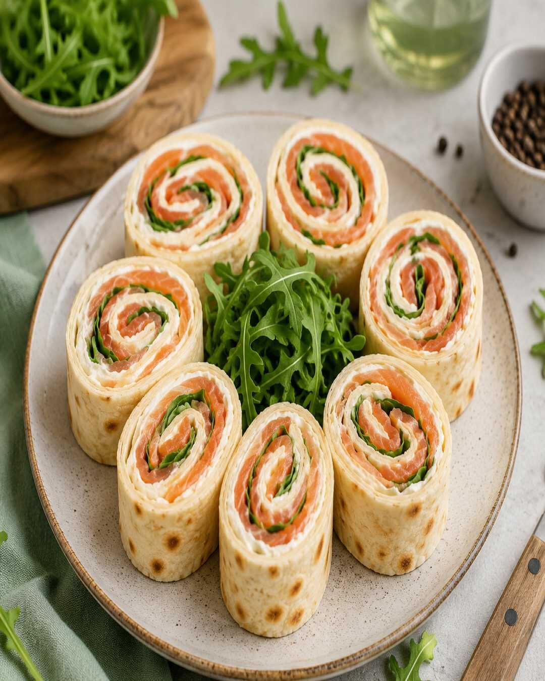 **Roulés de piadina au fromage frais et au saumon, comme à la rôtisserie italienne, mais faits maison**.