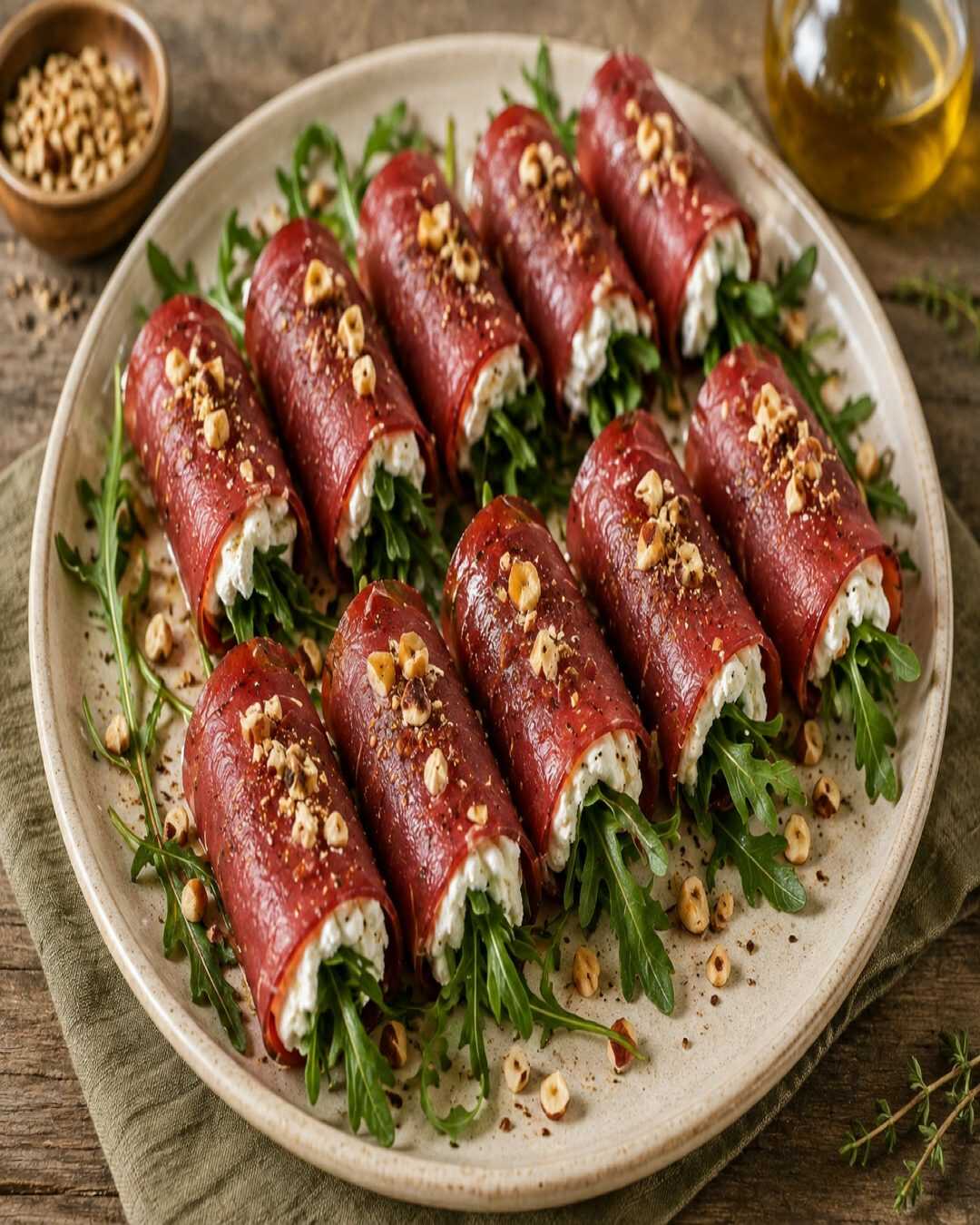 **Roulés froids de bresaola à la robiola, à la roquette et aux noisettes**.