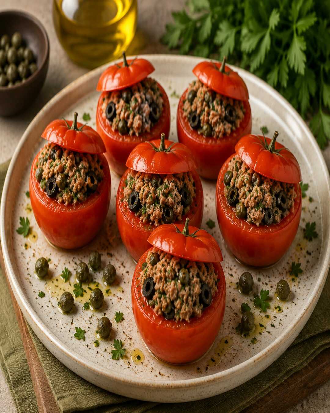**Tomates farcies froides au thon, aux câpres et aux olives – Ligurie**.