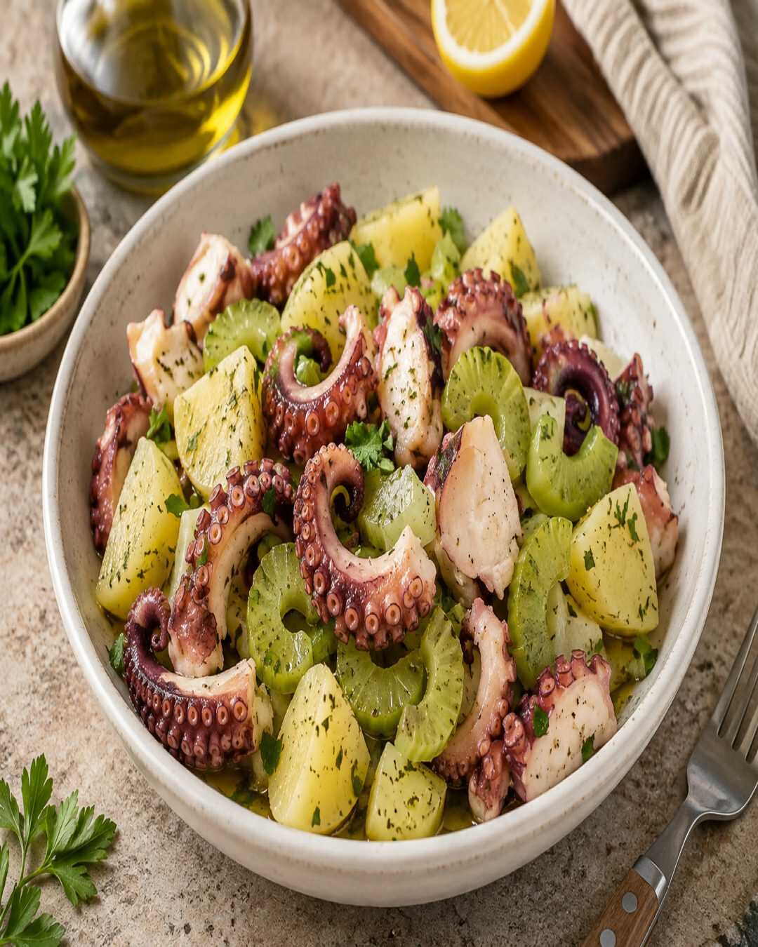 **Salade froide de poulpe, pommes de terre, céleri et citron à la mode campanienne**.