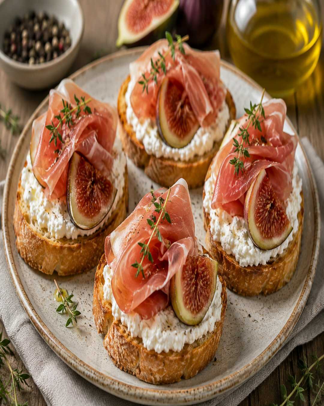 **Crostini froids à la mousse de ricotta, figues et jambon cru**.