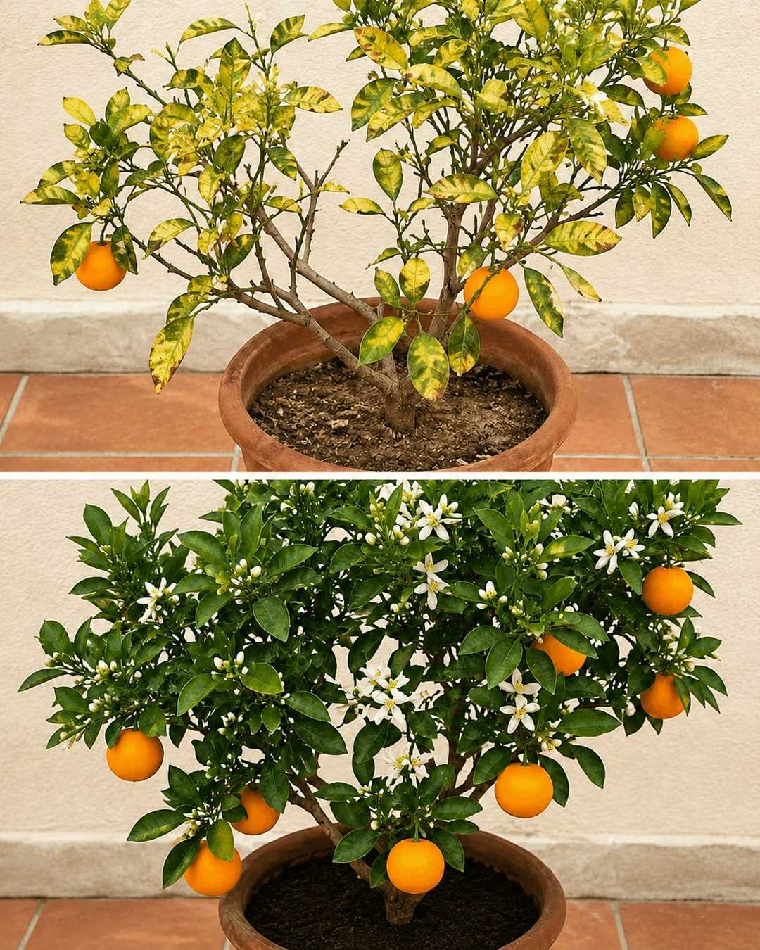 Cette astuce aide un oranger en pot à retrouver des feuilles bien vertes et à produire de nouvelles fleurs