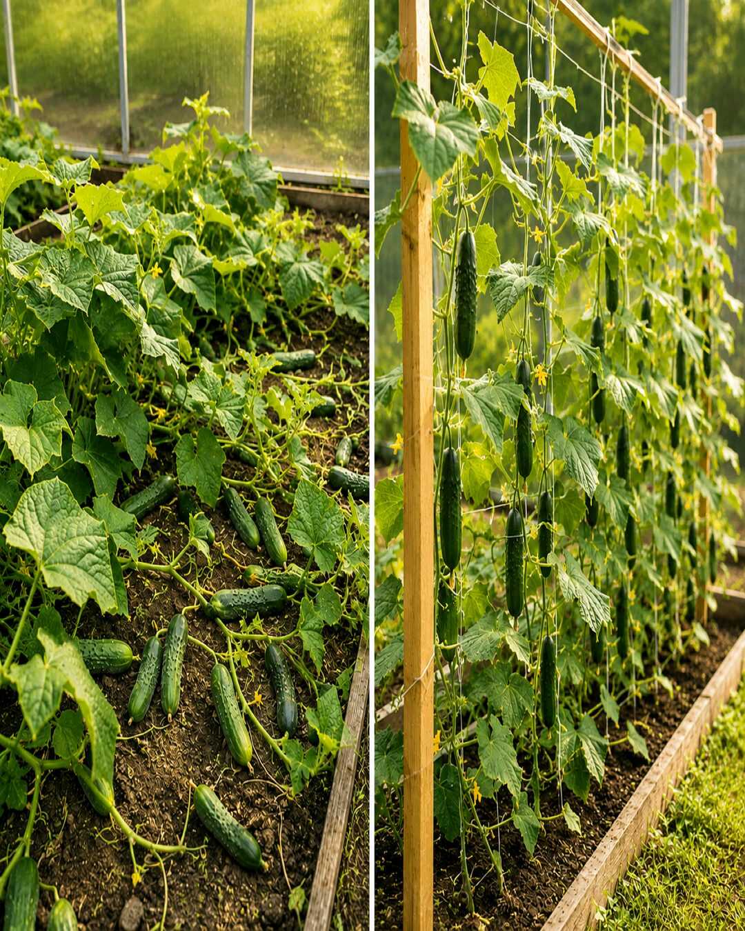 Cette méthode simple aide les plants de concombre à pousser en hauteur, à prendre moins de place et à produire des fruits plus droits