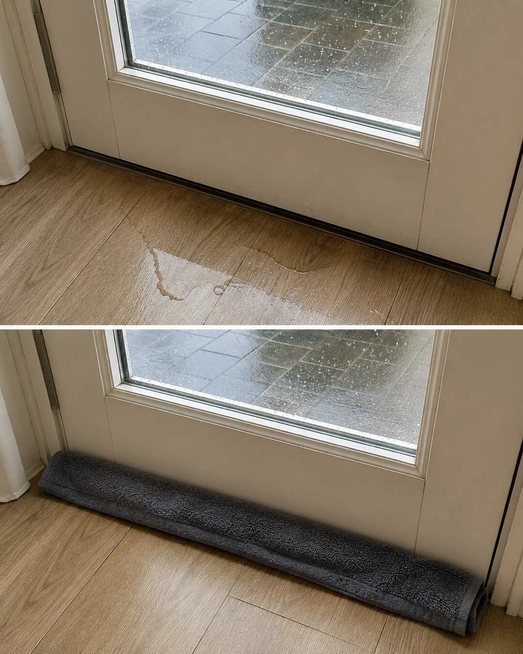 Le truc de la serviette au bas de la porte pour absorber l’eau qui s’infiltre les jours de pluie