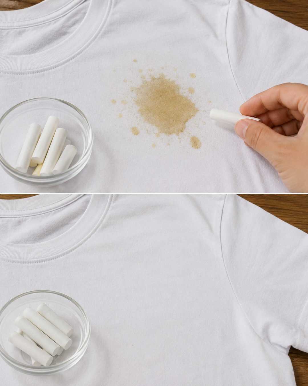 Craie sur une tache de graisse : l’astuce pour absorber l’huile avant le lavage