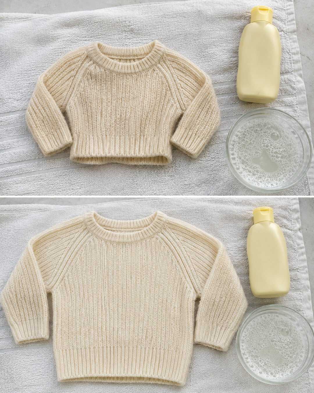 Shampoing pour bébé sur un pull rétréci : l’astuce pour détendre les fibres et récupérer sa taille