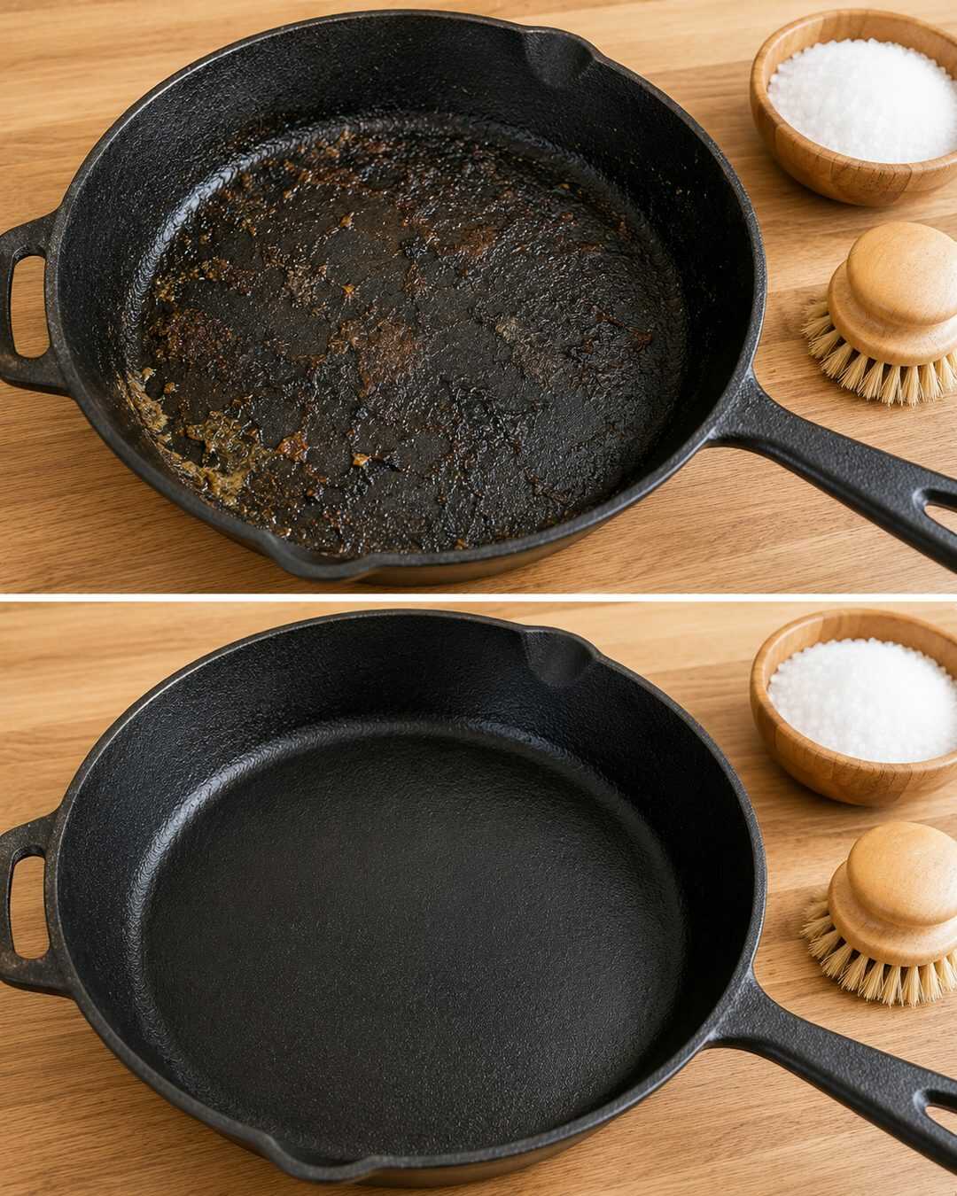 Poêle en fonte : l’astuce du gros sel pour décoller les résidus sans rayer la surface