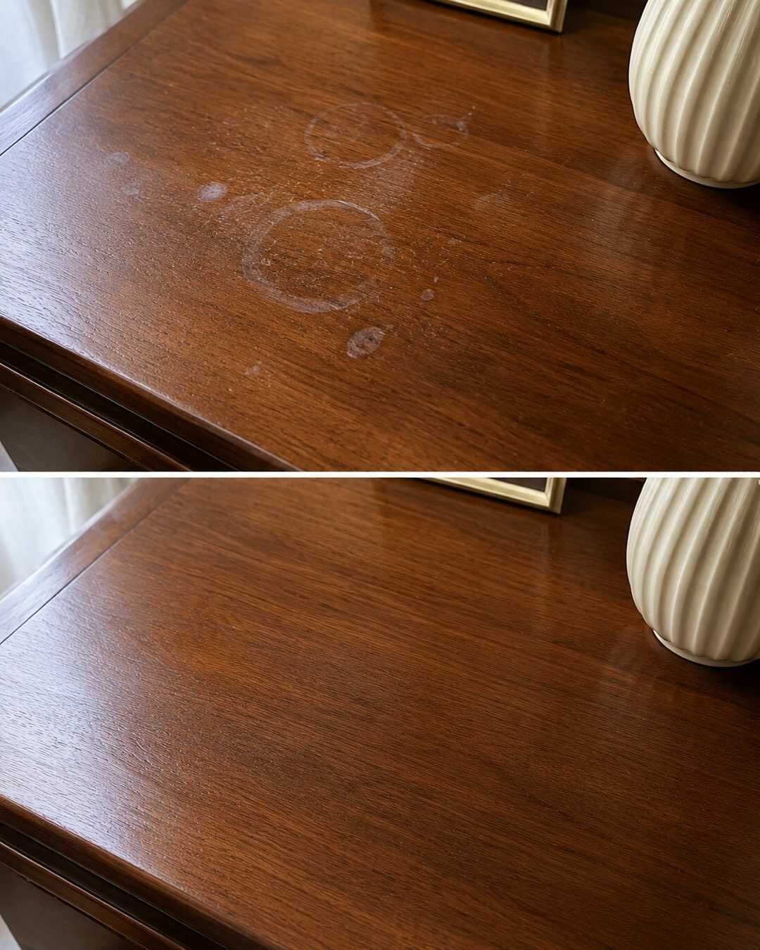 Taches d’eau sur le bois : l’astuce du sel pour atténuer les marques
