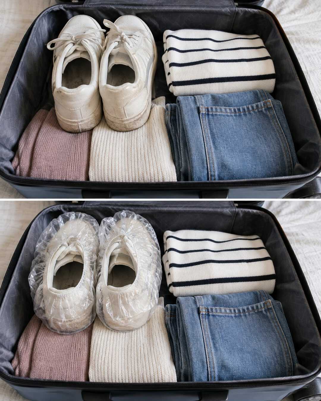 Chaussures dans la valise : l’astuce du bonnet de douche pour protéger vos vêtements